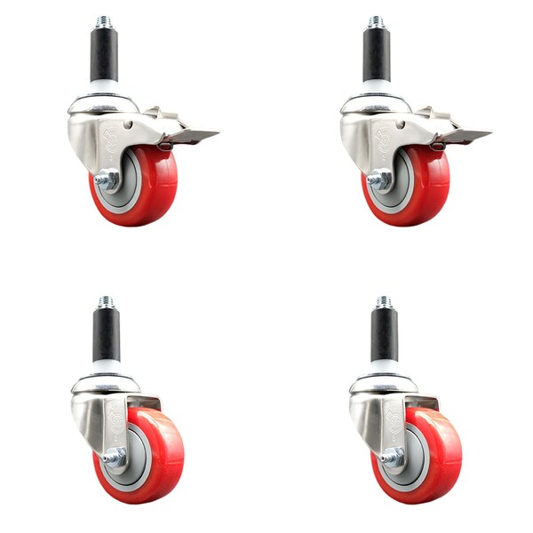 Service Caster 3 Inch 316SS Red Poly Swivel 1-1/8 Inch Expanding Stem Caster Lock Brake, 2PK SS316TTLEX20S314-PPUB-RED-2-S-2-118 - main